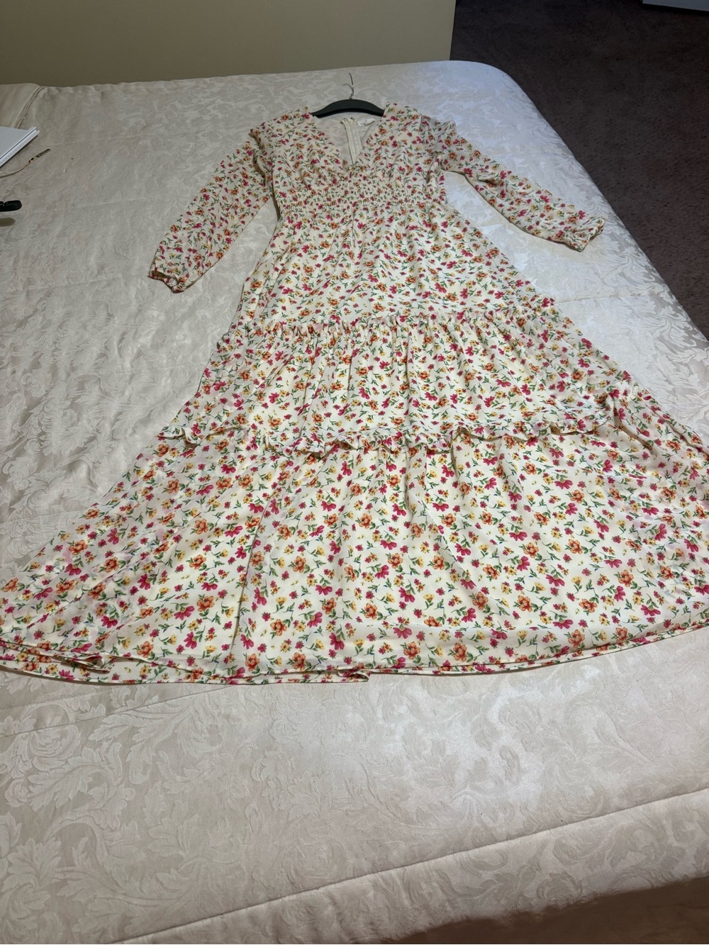 Floral Tiered Long Sleeve Maxi Dress - Cream with Pink & Green Floral